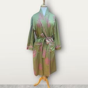 BedHead Green Cotton Robe With Pink Pattern